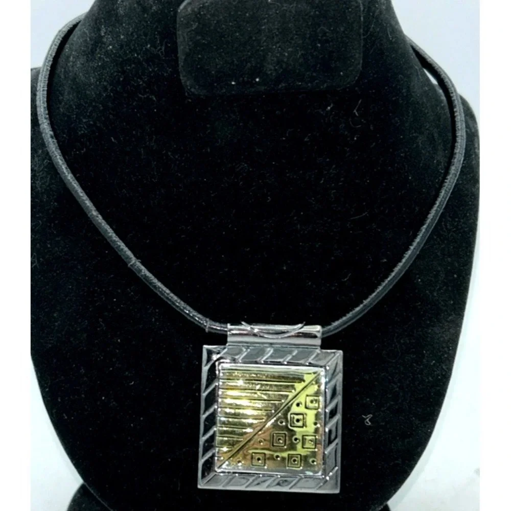Aztec Pendant Necklace Square Tribal Geometric Cracked Leather Costume MCM‎ 31
